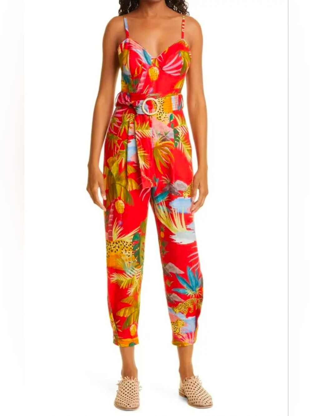 NWT $225 Farm Rio 100% Linen Wild Tropical  Jumpsuit Belted Sz S Tapered Cropped